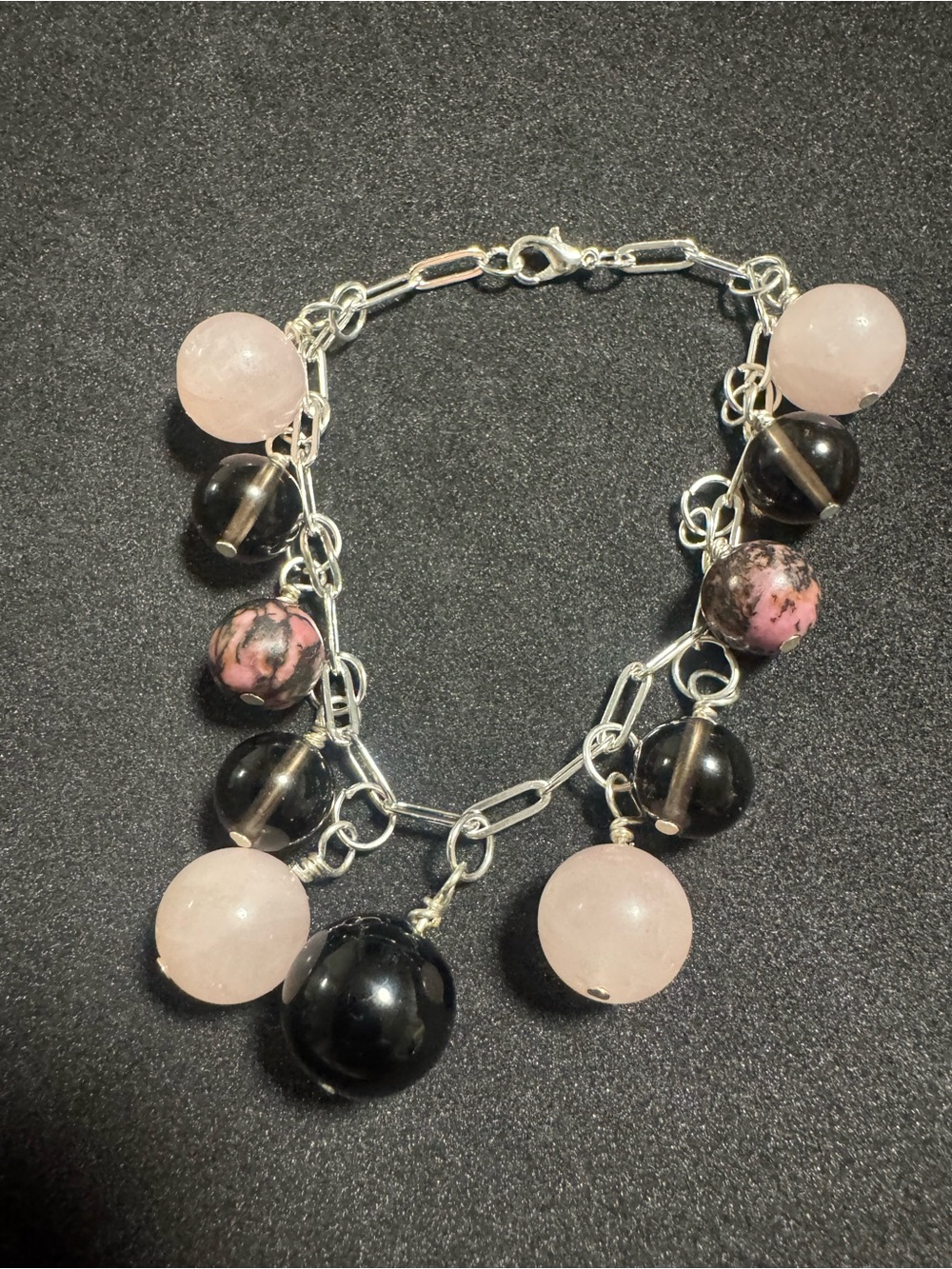 Handmade obsidian, Smokey quartz, rose quartz & rhodonite stones Charm Bracelet